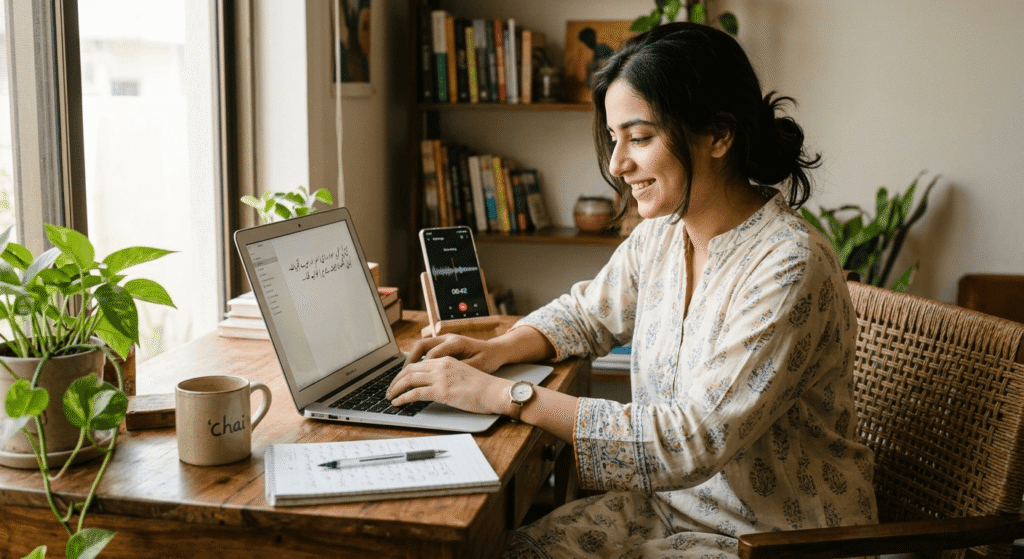 Pakistani content creator using AI tools for Urdu content creation on a laptop