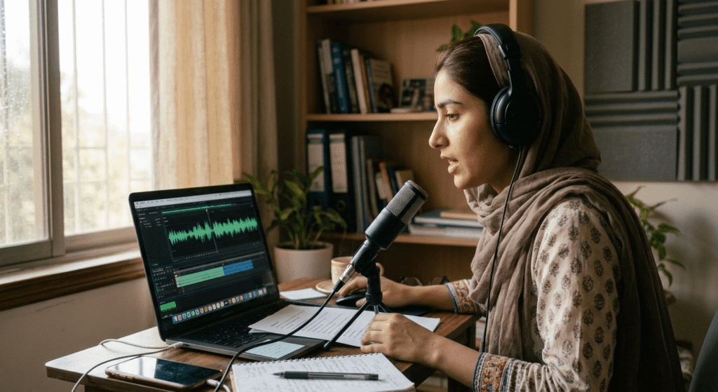 Pakistani freelancer recording AI voiceover gig using ElevenLabs and microphone
