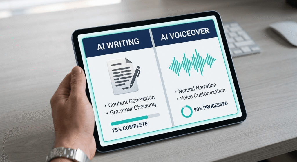AI writing vs AI voiceover Pakistan earnings comparison shown on tablet