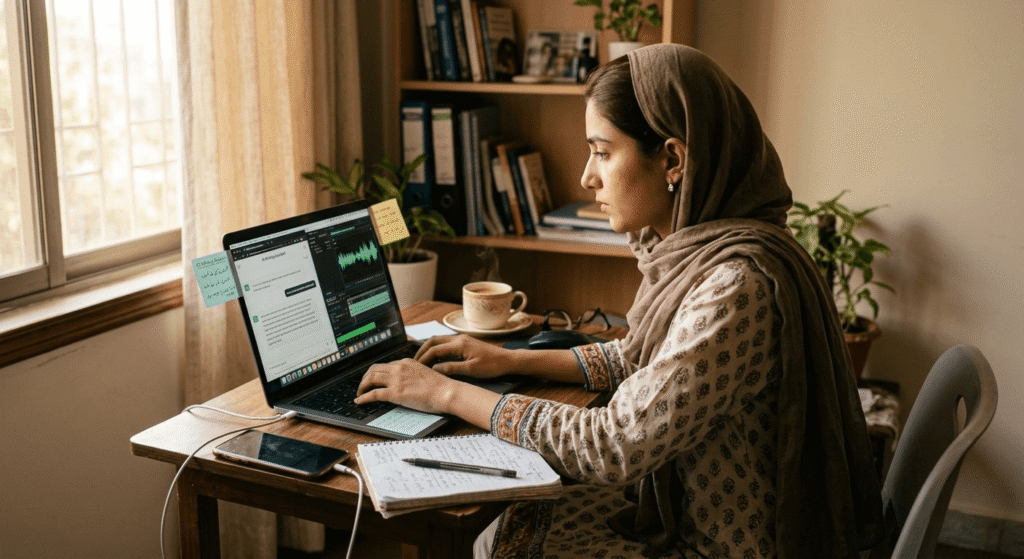 Freelancer comparing AI writing vs AI voiceover Pakistan tools on a laptop at home