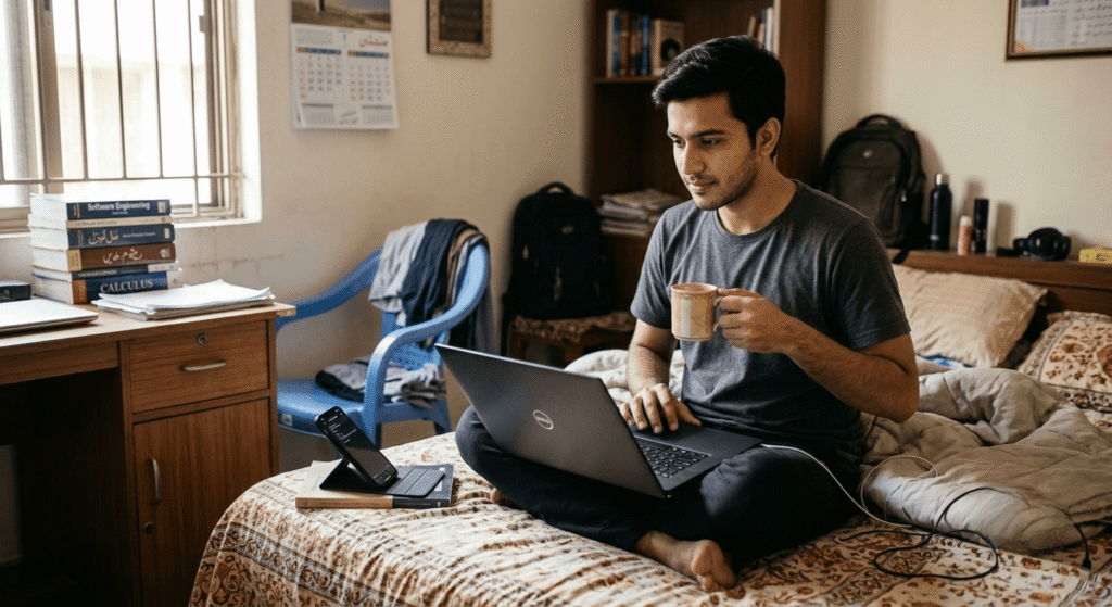 Beginner using a laptop to earn money with AI in Pakistan from home