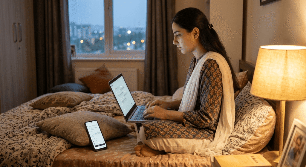 Pakistani freelancer using free AI tools for content creation on a budget phone