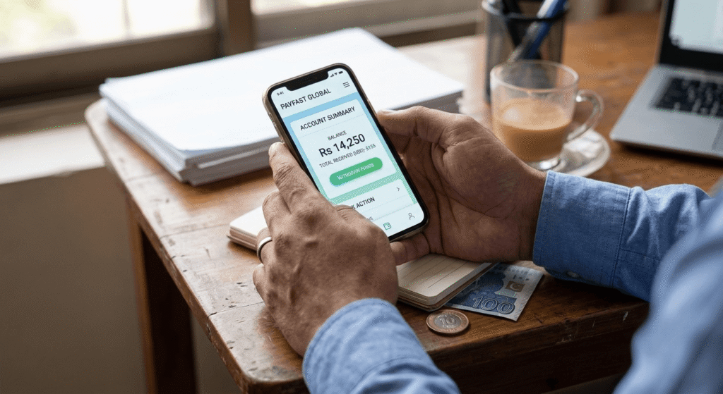 Freelancer in Pakistan checking payment app after getting a freelance client using AI
