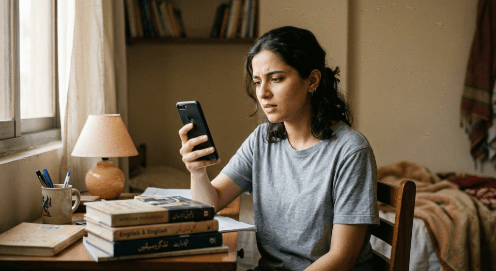Pakistani beginner checking legit AI earning apps vs scam apps on smartphone