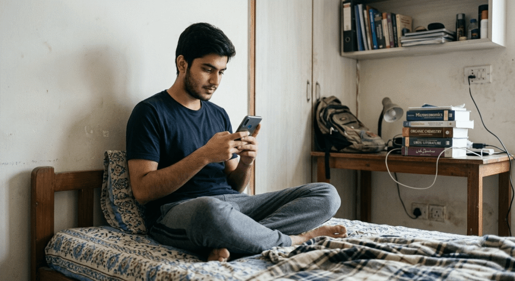 Pakistani student building a phone only AI income using a smartphone at home
