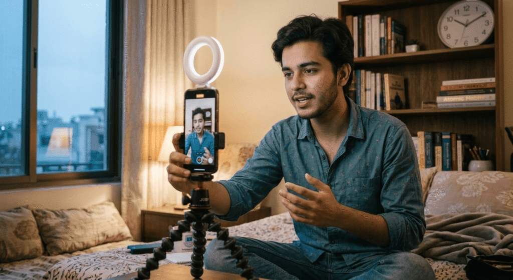 Beginner recording a short video using free AI tools as part of a 30-day AI tool stack