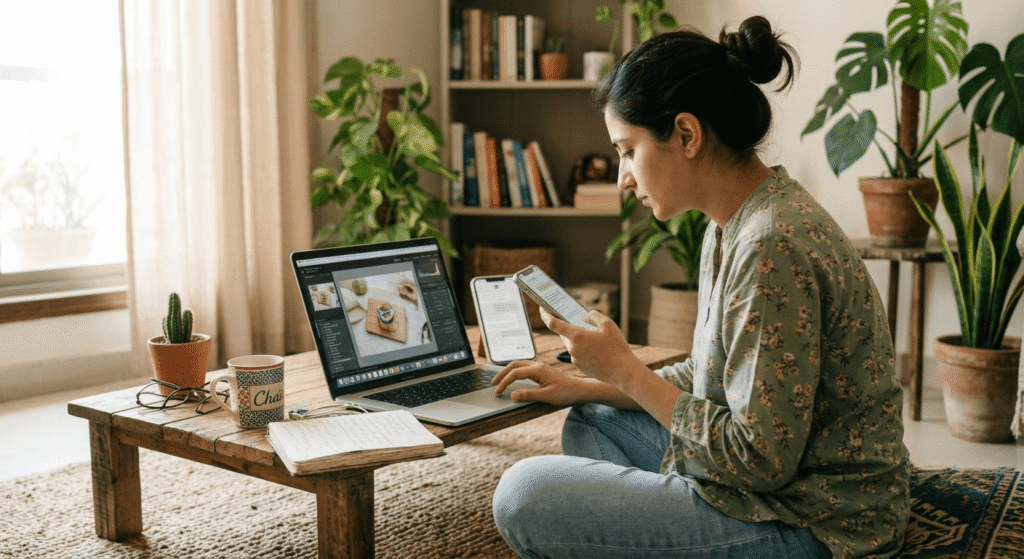 Small business owner using AI tools for Urdu content creation to promote products online