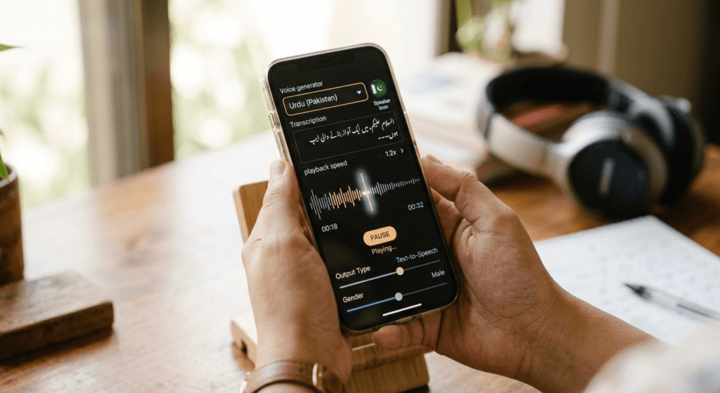 Smartphone screen showing Urdu voice generator, one of the top AI tools for Urdu content creation