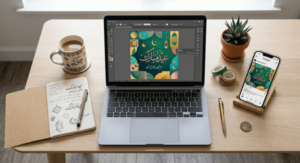 Laptop screen designing Urdu text graphics using AI tools for Urdu content creation