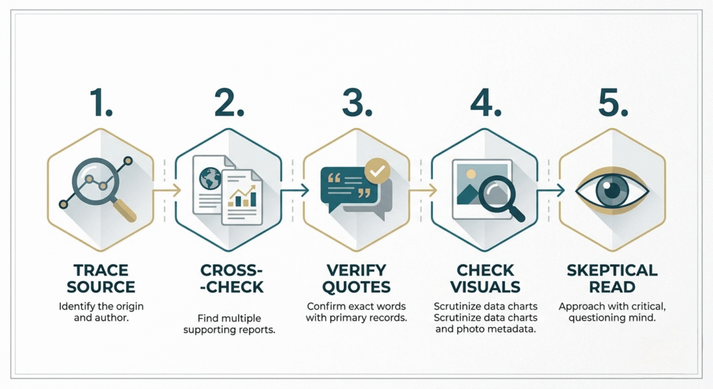Infographic showing the 5-step process to verify AI news before publishing