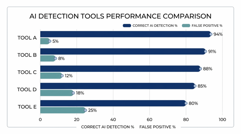 Bar chart comparing AI detector accuracy and false positive rates across 5 tools tested on real student writing