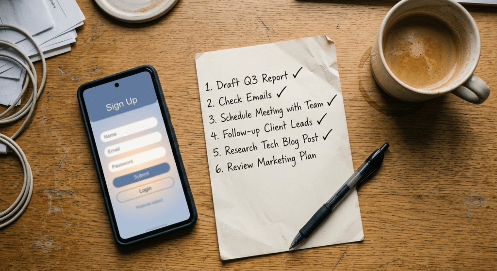 10-point free ai tools scam checklist written on paper next to phone