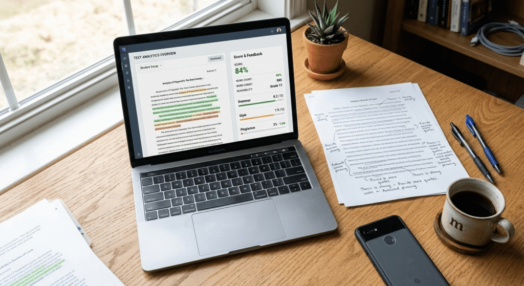 Are AI detectors accurate? Laptop screen showing an AI scan result next to a printed student essay