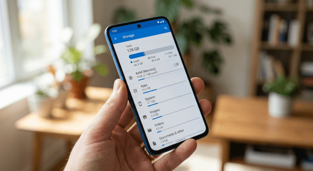 Checking Android RAM settings before using free AI tools for 2GB RAM Android phones