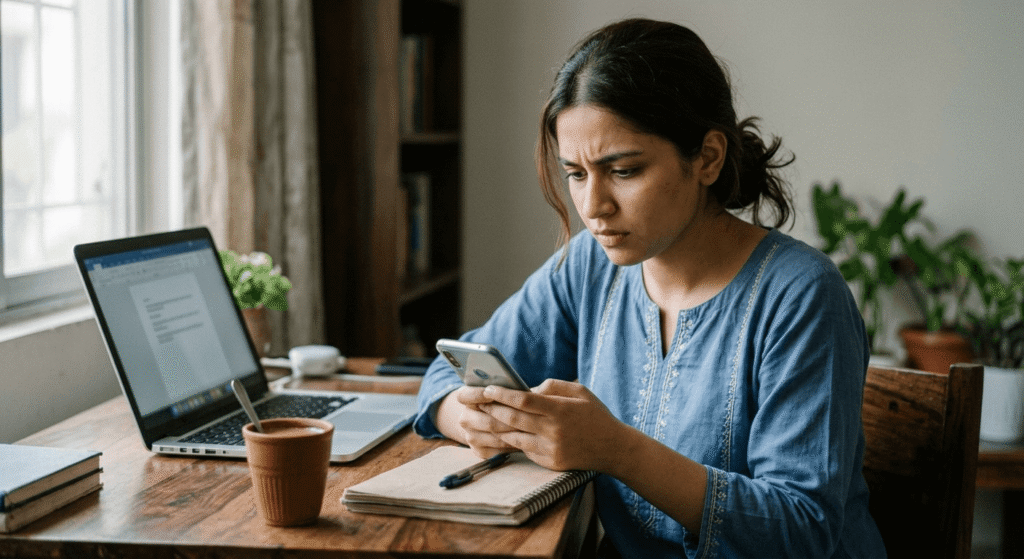 Man in Pakistan reviewing a suspicious message that resembles a fake AI update scam alert Pakistan notification