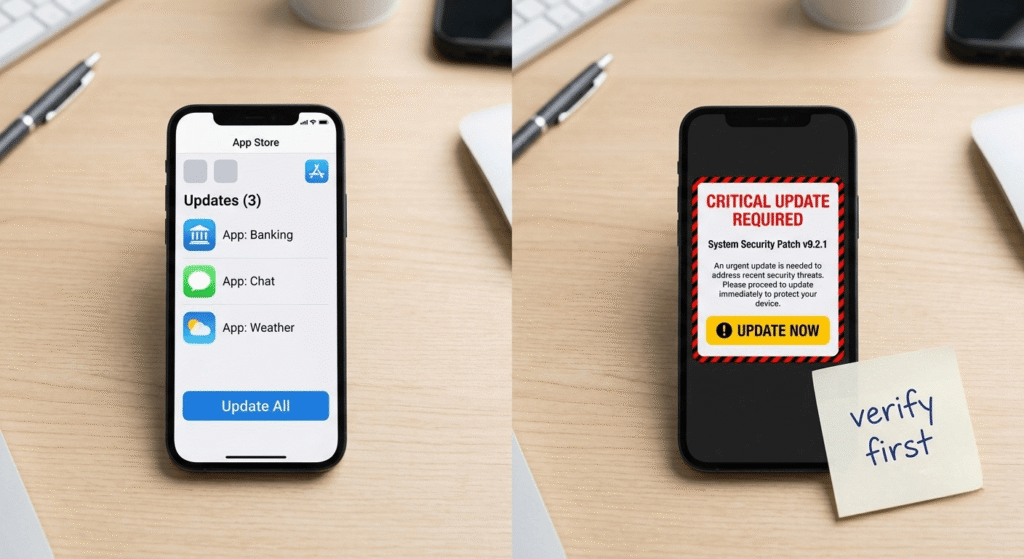 Side-by-side comparison showing signs of a fake AI update scam alert Pakistan versus a genuine app update