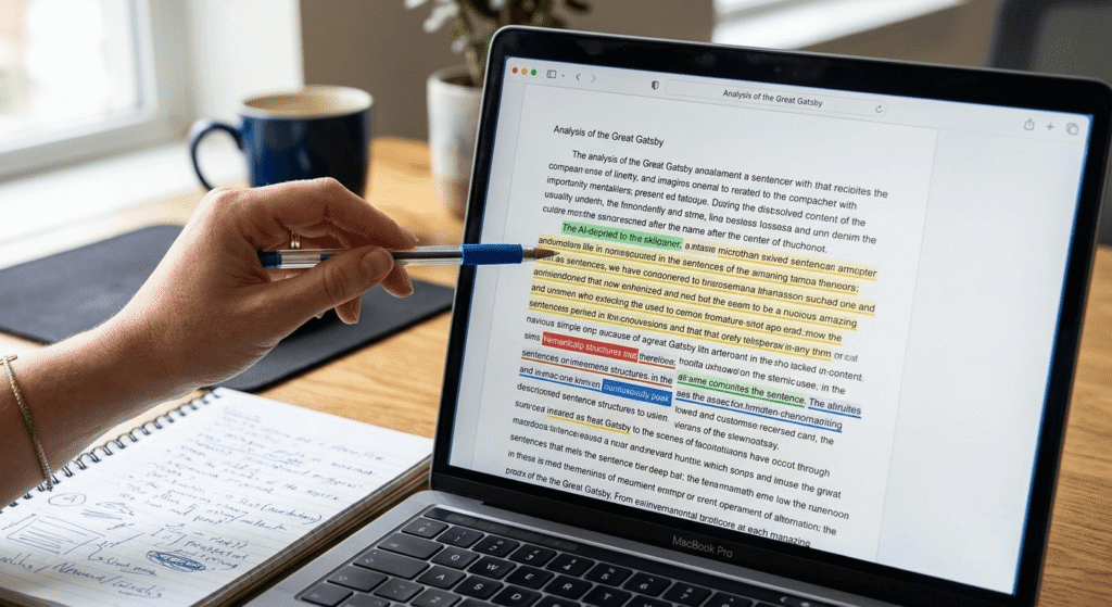 Close-up of sentence-level highlighting used to explain how AI detector accuracy is measured