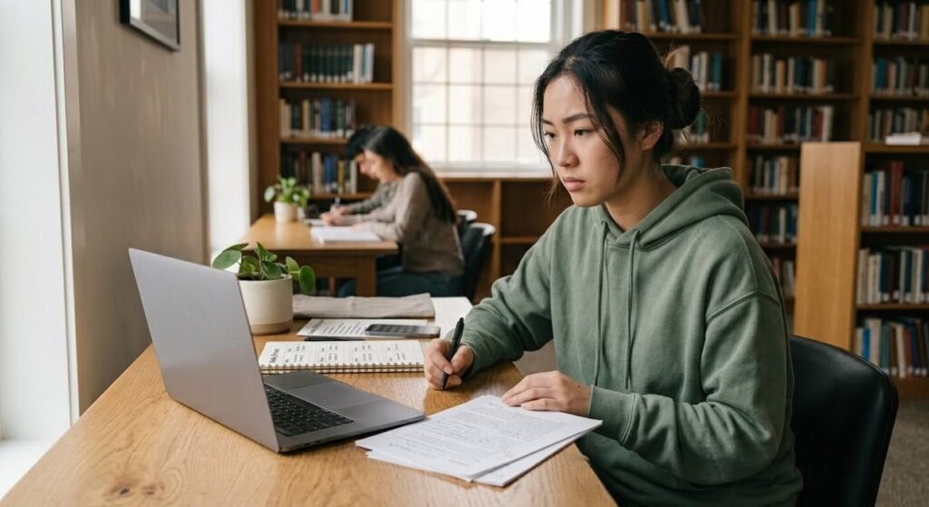 Asian university student reviewing an AI detector accuracy result on a falsely flagged essay