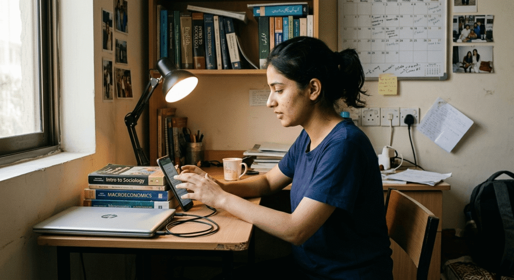 Pakistani university student using AI tools on a budget Android phone for assignments