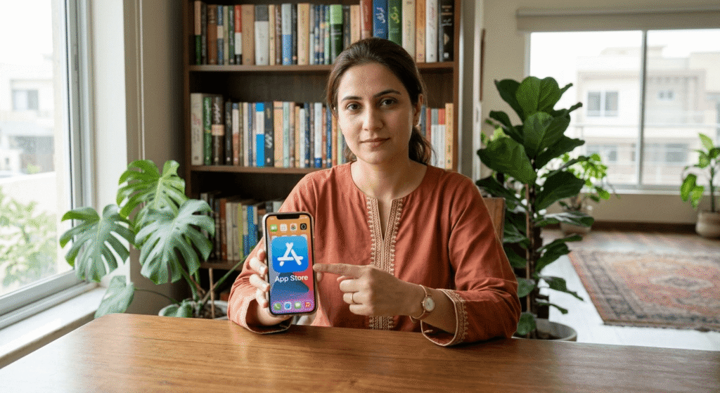 Woman safely verifying an app update to avoid a fake AI update scam alert Pakistan situation