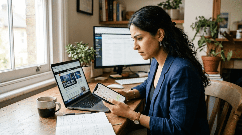 Man checking sources on laptop and phone to verify AI news before publishing