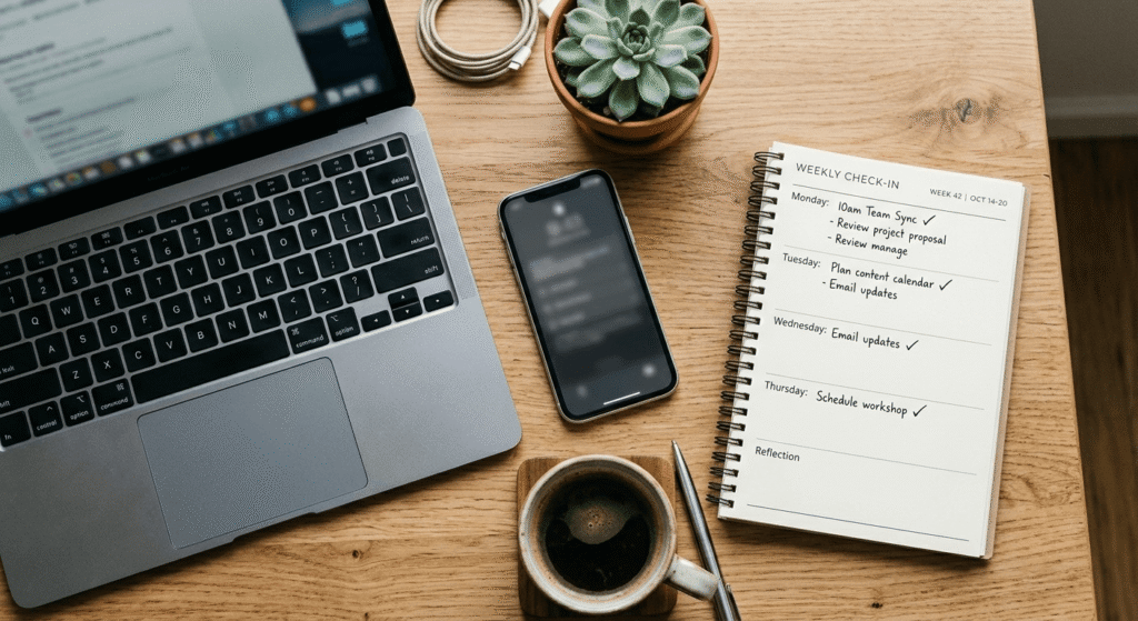 Weekly AI news Pakistan tracking setup with laptop and planner